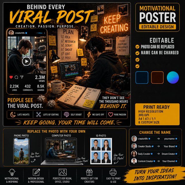 Content Creator Motivationsposter | Bearbeitbares  Poster (Von Creator hochgeladen)