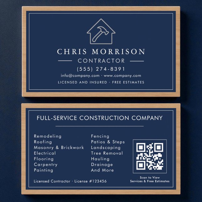 Contractor Navy Blue Silver Wood QR Code Visitenkarte (Von Creator hochgeladen)