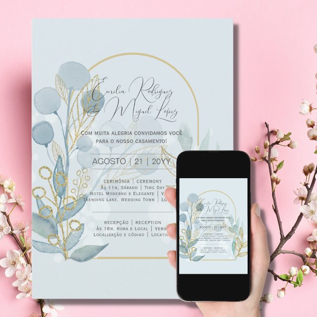 Convite de Casamento Ouro Azul Claro Portugal Einladung (Von Creator hochgeladen)