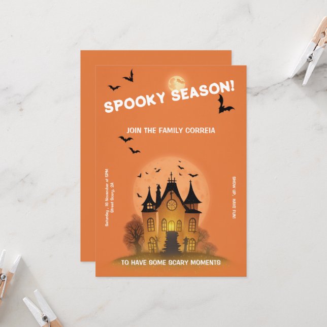 Convite Festa de Haloween Laranja com Mansão Einladung (Vorderseite/Rückseite Beispiel)