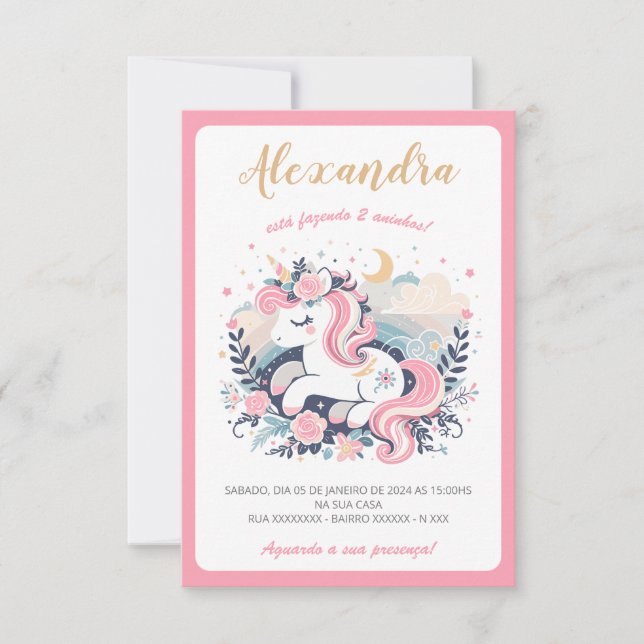 Convite Mágico Unicórnio Rosa em Português (Vorderseite)