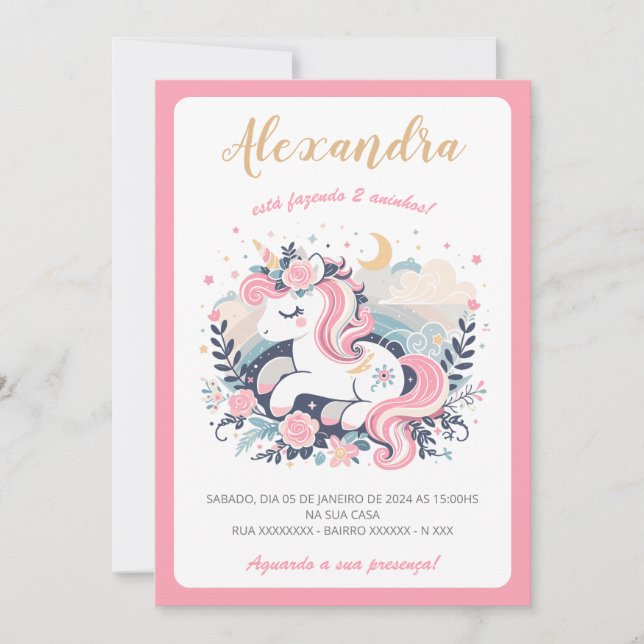 Convite Mágico Unicórnio Rosa em Português Einladung (Vorderseite)
