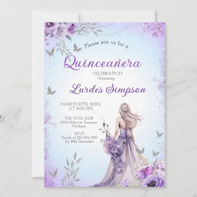 Convite  Quinceañera invitation Purple and Silver Einladung (Vorderseite)
