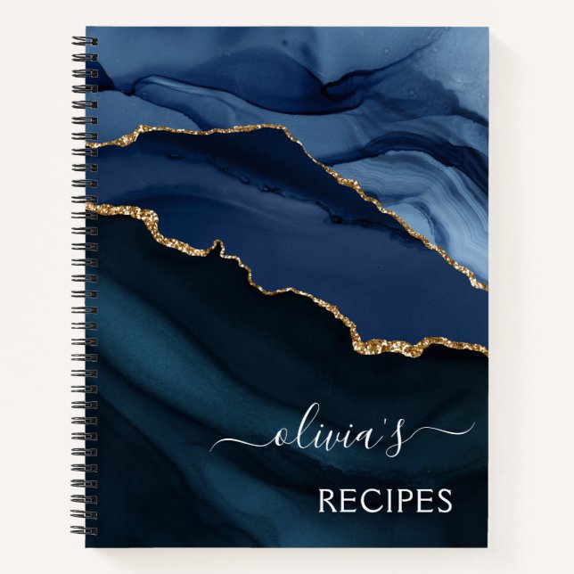 Cookbook Navy Blue Agate Geode Gold Monogram Notizbuch (Vorderseite)