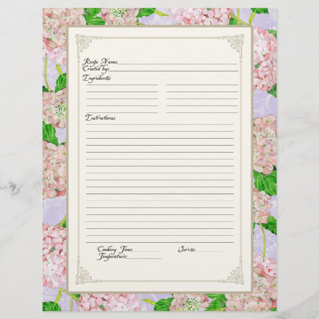 Cookbook Page Pink Hydrangea Lace Floral Formal (Vorderseite)