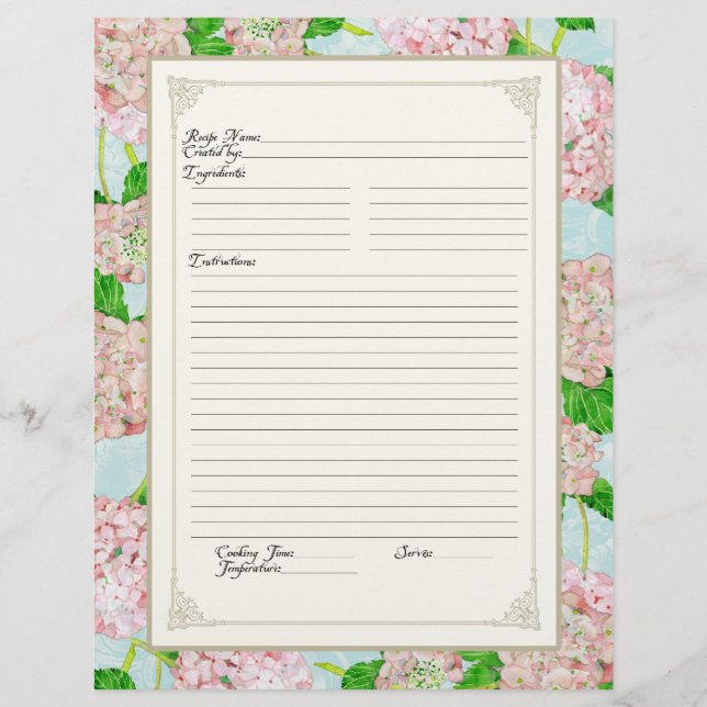 Cookbook Page Pink Hydrangea Lace Floral Formal Flyer (Vorne)