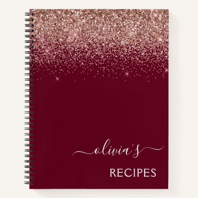 Cookbook Rose Gold Pink Burgundy Glitzer Monogram Notizbuch (Vorderseite)