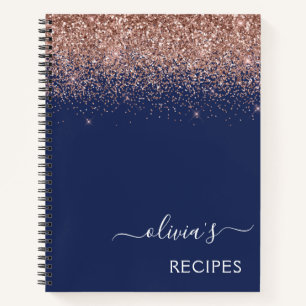 Cookbook Rose Gold Pink Navy Blue Glitzer Monogram Notizbuch