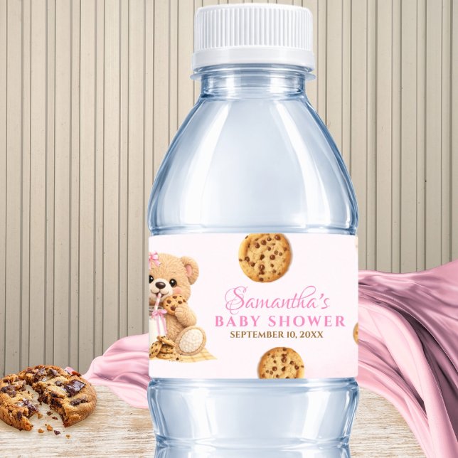  Cookie and Milk Baby Shower - Teddy Bear Pink Wasserflaschenetikett (Von Creator hochgeladen)
