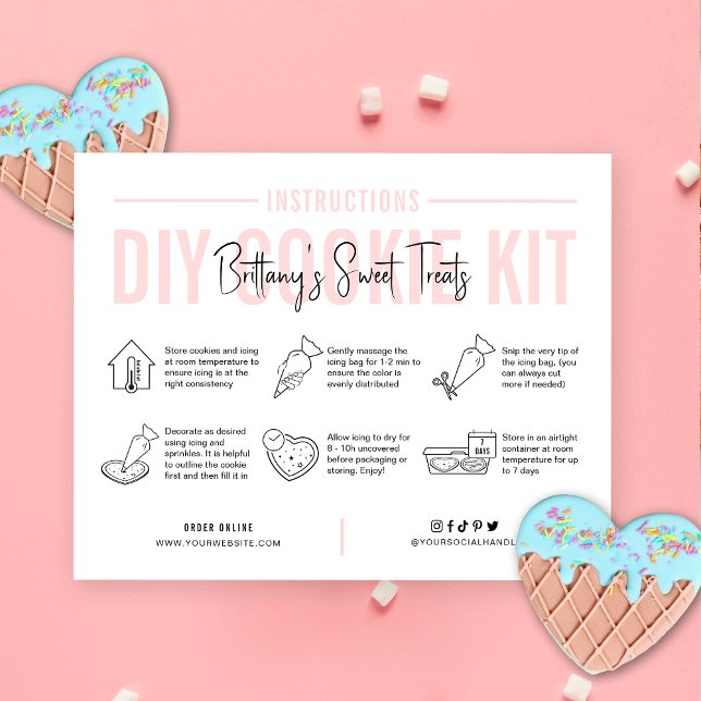 Cookie Decorating Kit Instructions Blush Pink Logo Dankeskarte (Feminine cookie decorating instructions cards with icons, blush pink colors and space for your logo)