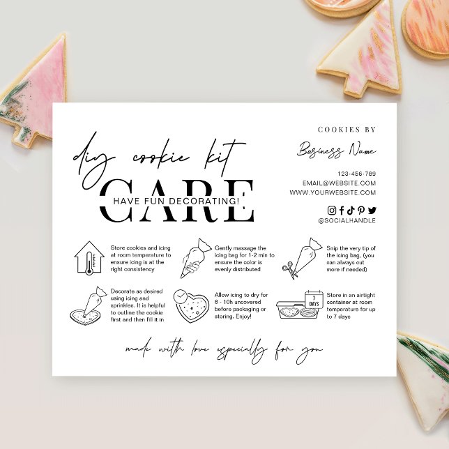 Cookie Decorating Pack Instructions Minimal Bakery Dankeskarte (Minimalist DIY cookie kit instructions cards with care icons and space for your business details)