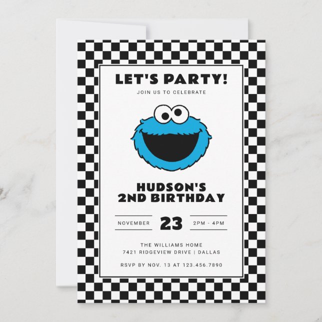 Cookie Monster Checkerboard Geburtstag Einladung (Vorderseite)