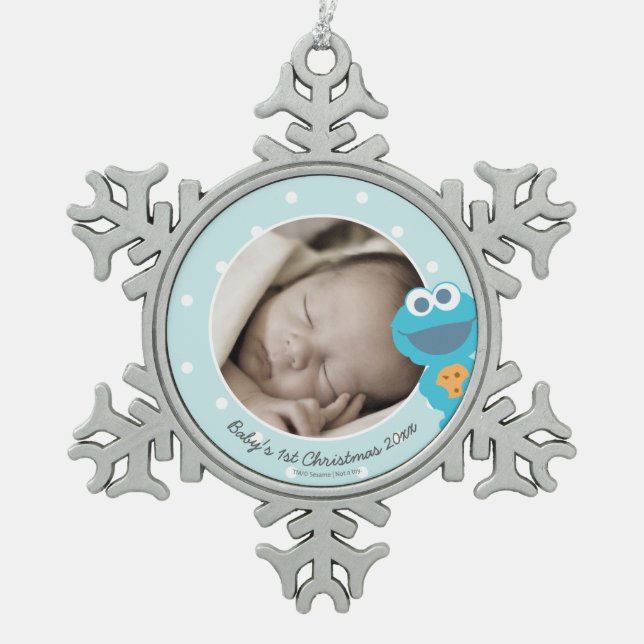 Cookie Monster | Erste Weihnachten - Name hinzufüg Schneeflocken Zinn-Ornament (Vorderseite)