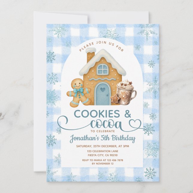 Cookies & Cocoa Birthday Blue Snowflakes Gingham Einladung (Vorderseite)