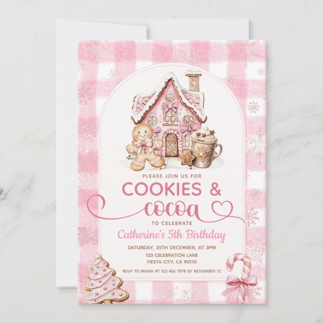Cookies & Cocoa Birthday Pink Snowflakes Holiday Einladung (Vorderseite)