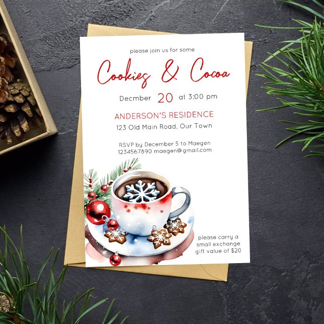 Cookies und Kakaoschlichte Weihnachtsvorlage für d Einladung (Cookies and cocoa Christmas party template invitation simple minimalist modern watercolor snowflake)
