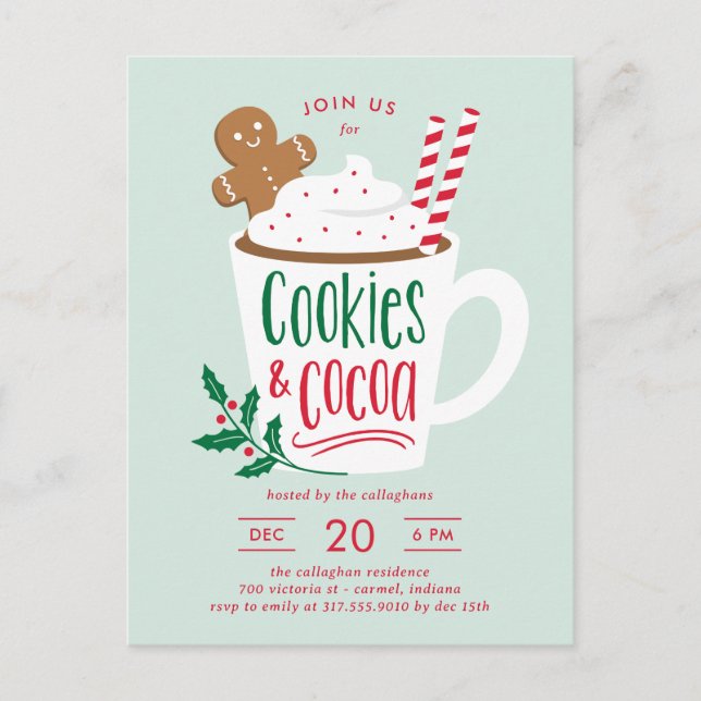 Cookies und Kakaoweihnachtliche Einladung Postkart Postkarte (Vorderseite)