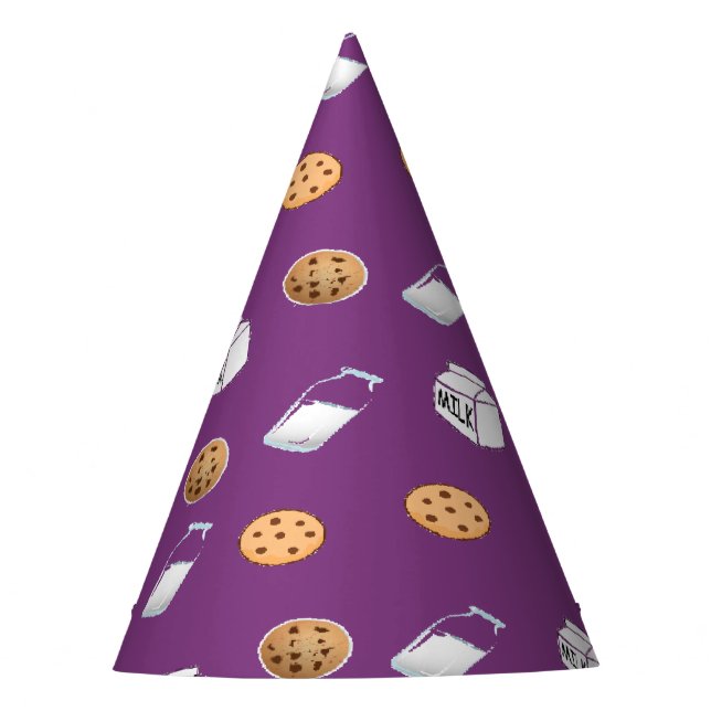 Cookies und Milch auf lila Partyhütchen (Vorderseite)