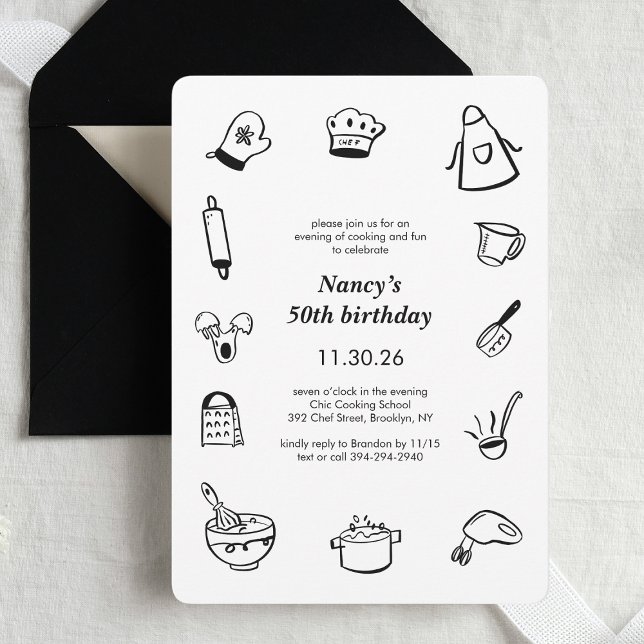 Cooking Birthday Party Hand Drawn Chef Minimalist  Einladung (Von Creator hochgeladen)