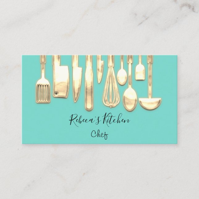 Cooking Logo Koch Restaurant Stilvolle Knifes Aqua Visitenkarte (Vorderseite)