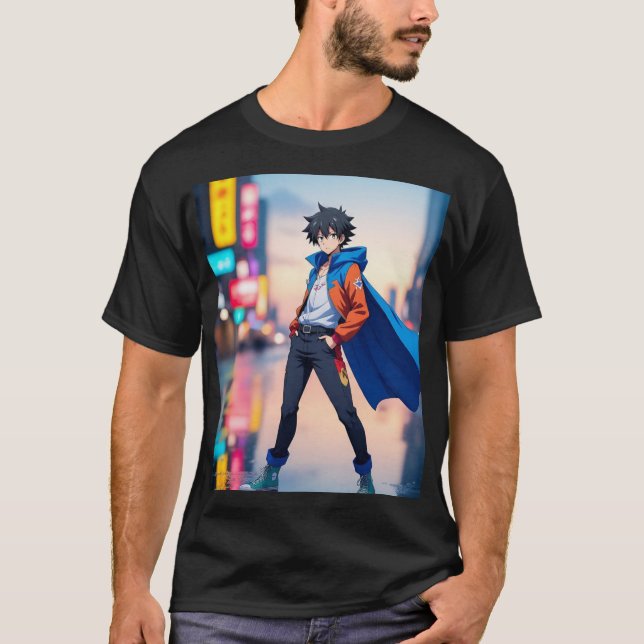 Cool Anime Boy in Neon City – Stylish Anime Charac T-Shirt (Vorderseite)