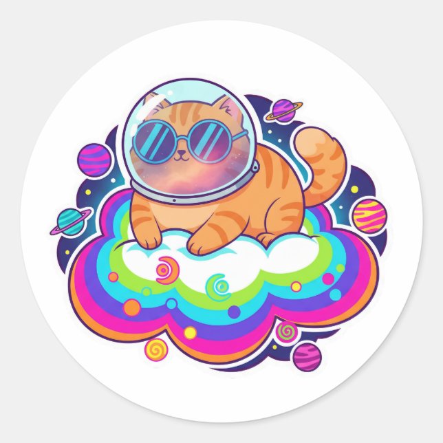 Cool Astronaut Orange Cat in Space on Rainbow Clou Runder Aufkleber (Vorderseite)