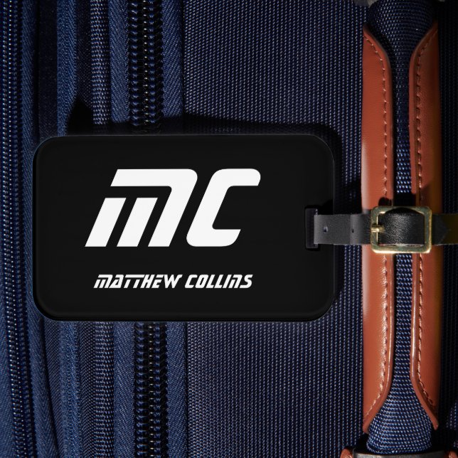 Cool Black and White Personalized Sport Monogram Gepäckanhänger (Vorderseite Insitu 4)