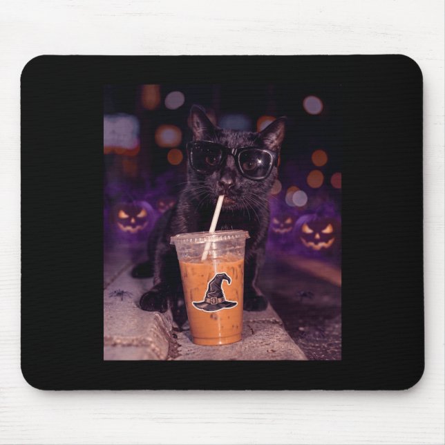 Cool black cat drinking iced coffee halloween mousepad (Vorne)