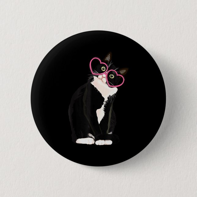 Cool Black Cat Kitten Red Heart Gles Happy Valenti Button (Vorderseite)