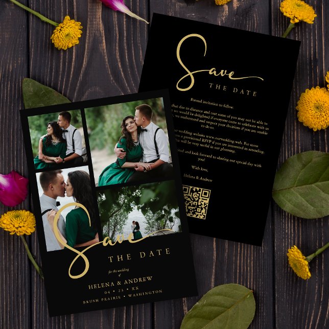 Cool Black Trend 4 Multi Photos Collage QR Wedding Save The Date (Von Creator hochgeladen)