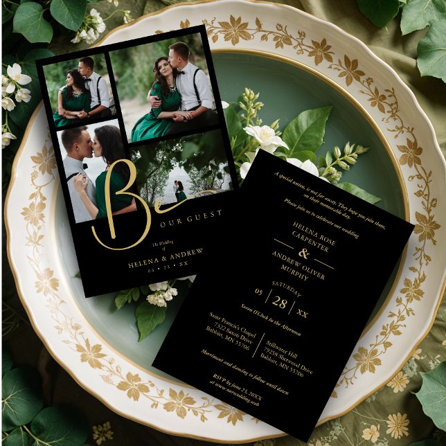 Cool Black Trendy 4 Multi Photos Collage Wedding Einladung (Cool Black Trendy 4 Multi Photos Collage Wedding Invitation Card with Envelope.)