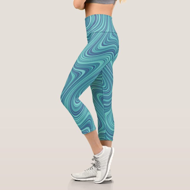 Cool Blau/Aqua/Türkiskraut Abstrakt Capri Leggings (Links)