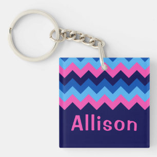 Cool-Blau-Rosa-Zickzack-Monogram-Quadrat-Schlüssel Schlüsselanhänger