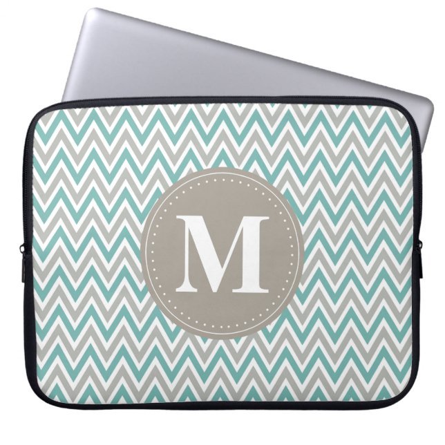 Cool-blaugraues Zickzack Muster Monogramm Laptopschutzhülle (Vorderseite)
