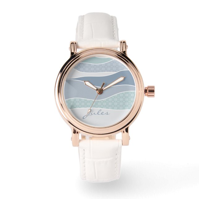 Cool blaugrüne Streifen Abstrakte Waves Name Armbanduhr (Vorderseite)