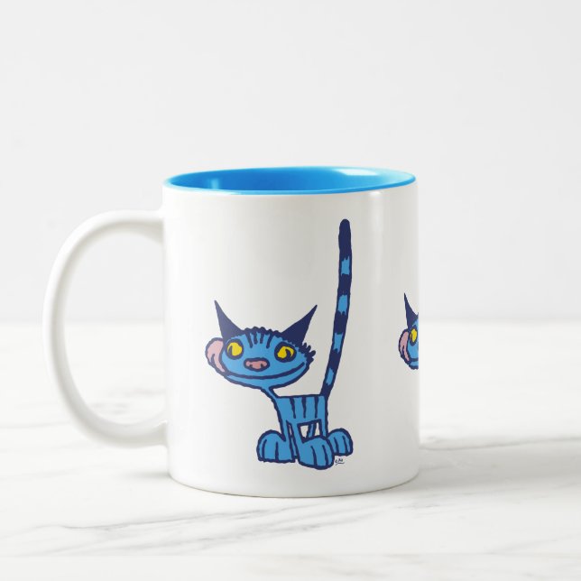 Cool Blue Cartoon Cat Zweifarbige Tasse (Links)