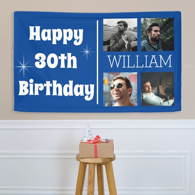 Cool Blue Foto Collage Age Birthday Banner (Von Creator hochgeladen)