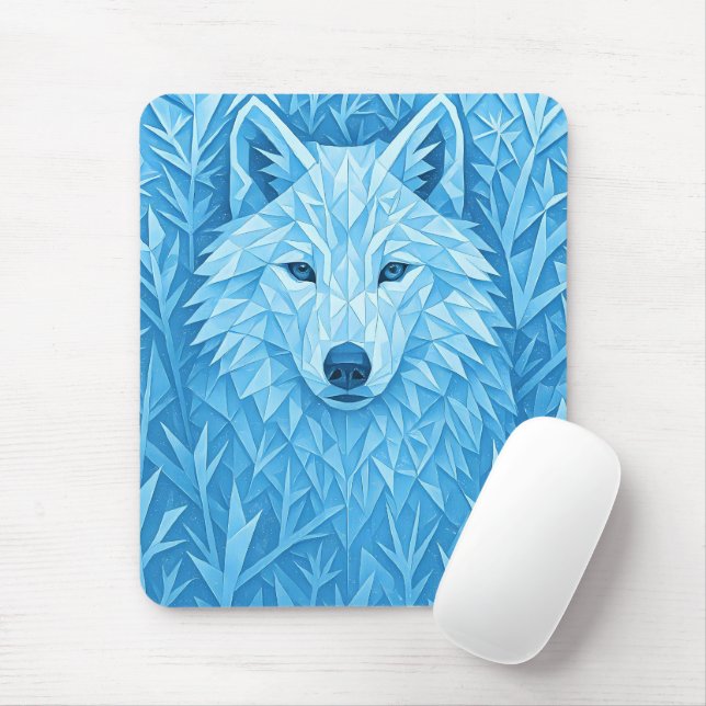 Cool Blue Geometric Wolf Low Poly Abstract Gaming Mousepad (Mit Mouse)