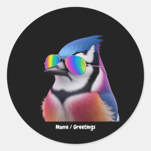 Cool Blue Jay Bird Tragen einer Sonnenbrille Retro Runder Aufkleber