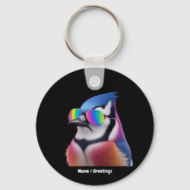 Cool Blue Jay Bird Tragen einer Sonnenbrille Retro Schlüsselanhänger