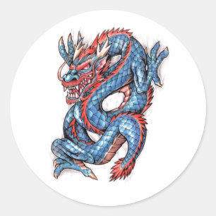 Cool Blue Oriental Dragon Tattoo Runder Aufkleber