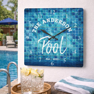Cool Blue Tile Swimming Pool Family Name Custom La Quadratische Wanduhr