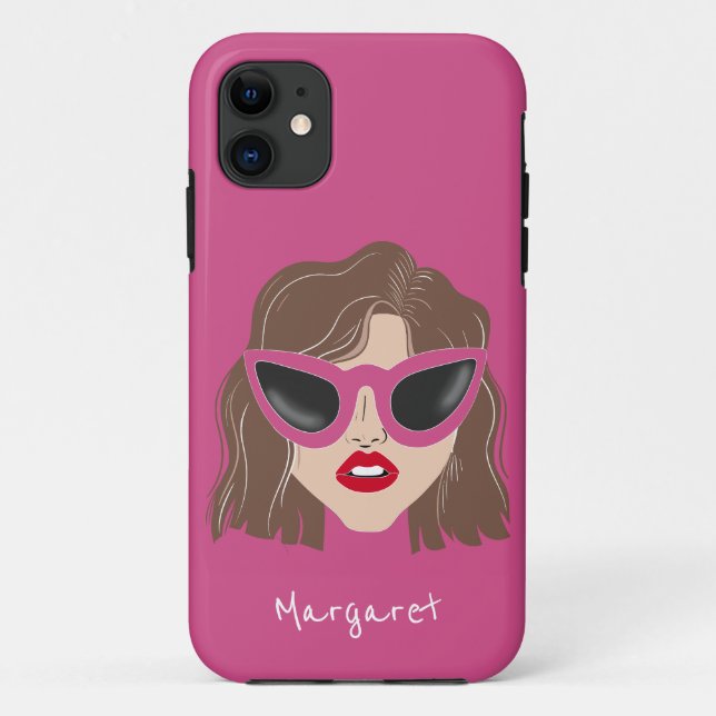 Cool Brunette with Glasses Pink Custom Name Case-Mate iPhone Hülle (Rückseite)
