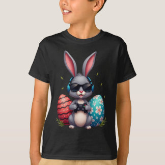 Cool Bunny With Sungl And Video Games Decor Easter T-Shirt