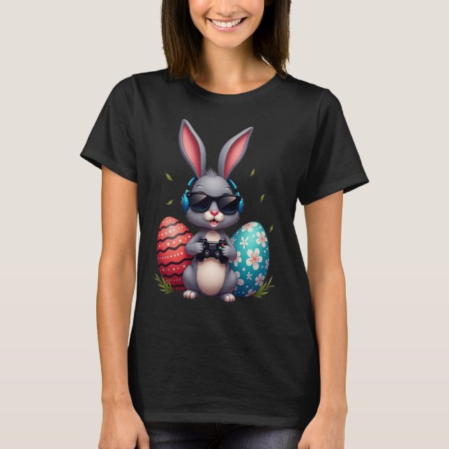 Cool Bunny With Sungl And Video Games Decor Easter T-Shirt (Vorderseite)