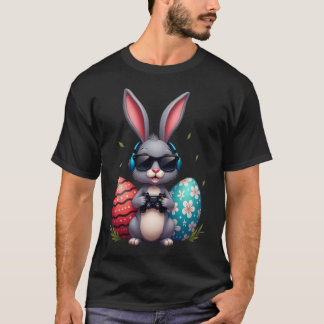 Cool Bunny With Sungl And Video Games Decor Easter T-Shirt