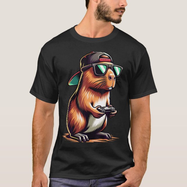 Cool Capybara Playing Video Games. Funny Gamer Cap T-Shirt (Vorderseite)