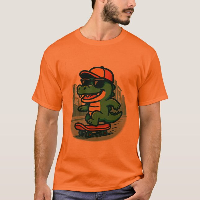 Cool Cartoon Crocodile Skateboarding T-Shirt (Vorderseite)