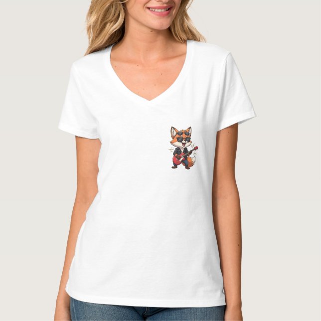 Cool Cartoon Rock Star Fox Playing Red Electric Gu T-Shirt (Vorderseite)