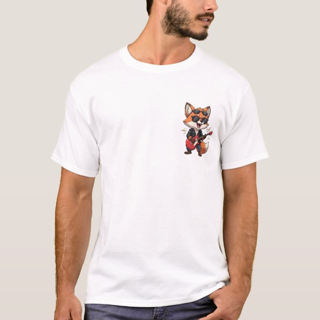 Cool Cartoon Rock Star Fox Playing Red Electric Gu T-Shirt (Vorderseite)